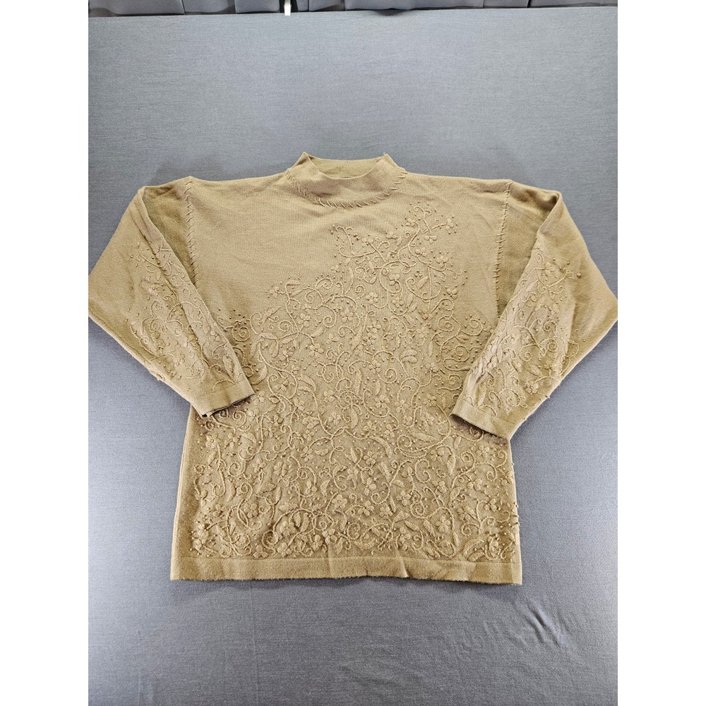 Hunt Club Vintage Floral Embroidered Beaded Mock Neck Sweater Tan Wool Blend M